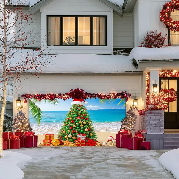 IVN Merry Christmas Garage Door Banner 13x6ft Festive Backdrop with Beach Christmas Tree Garage door cover Photo Prop Background for Joyful Holiday Yard Door Cover Background Outdoor Winter Scene