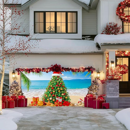 IVN Merry Christmas Garage Door Banner 13x6ft Festive Backdrop with Beach Christmas Tree Garage door cover Photo Prop Background for Joyful Holiday Yard Door Cover Background Outdoor Winter Scene
