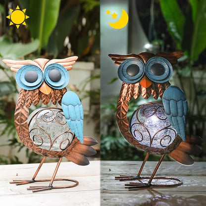 MUMTOP Solar Lights Outdoor Garden Owl Decor, Owl Solar Light Outdoor Waterproof with Crackle Glass Globe Gardening Statue Gifts and Metal Yard Art for Lawn Porch Patio Outside Garden