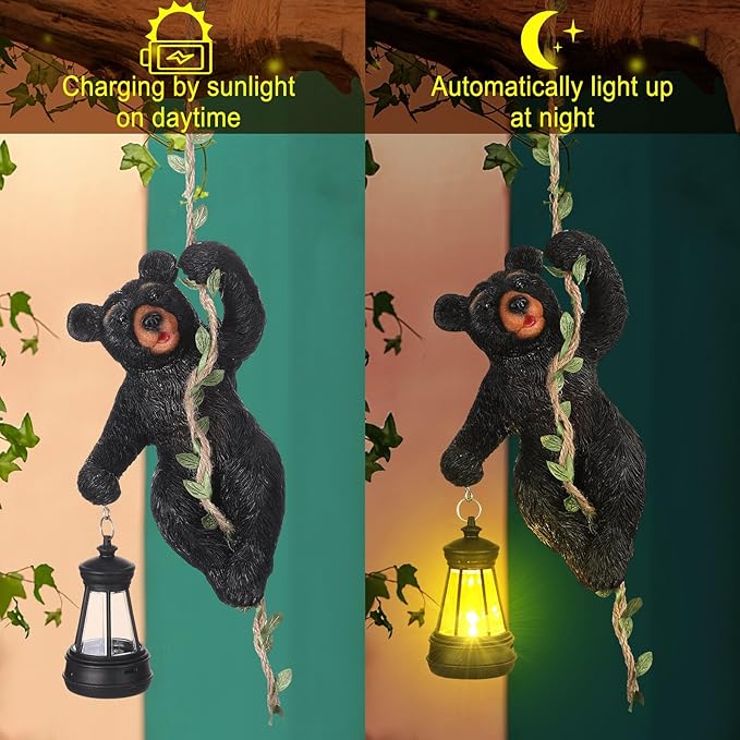 Rossesay 7 Inches Bear Statue Tree Hugger with Solar Light Resin Bear Statue Sign with LED Lantern Waterproof Hanging Figurine with Hook for Christmas Tree Decoration Outdoor Yard Garden(Black)