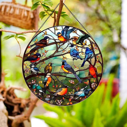 Hummingbird Pattern Suncatcher Stained Glass,Hanging Stained Glass for Windows,20cm/7.87inch Hand-Painted Sun Catcher Garden Hangings Stained Glass Panel Decor (Model 13)