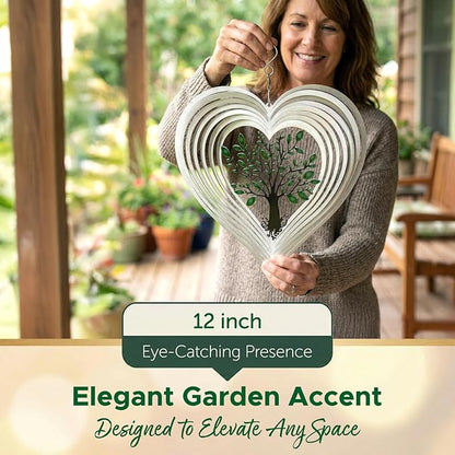 ISEO Silver Heart Wind Spinner for Yard and Garden, Hanging Outdoor Decor, Porch and Patio Decorations, Weather Resistant, 12”