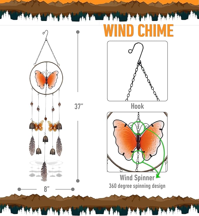 CoTa Global Orange Butterfly Hanging Metal Wind Spinner Wind Chime - Relaxing Harmonic Indoor or Outdoor Wind Spinner for Yard, Garden, Porch Patio, Beautiful Unique Art Ornament Mobile - 37 Inch