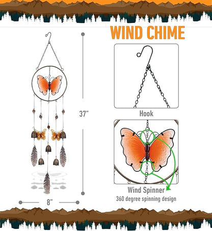 CoTa Global Orange Butterfly Hanging Metal Wind Spinner Wind Chime - Relaxing Harmonic Indoor or Outdoor Wind Spinner for Yard, Garden, Porch Patio, Beautiful Unique Art Ornament Mobile - 37 Inch