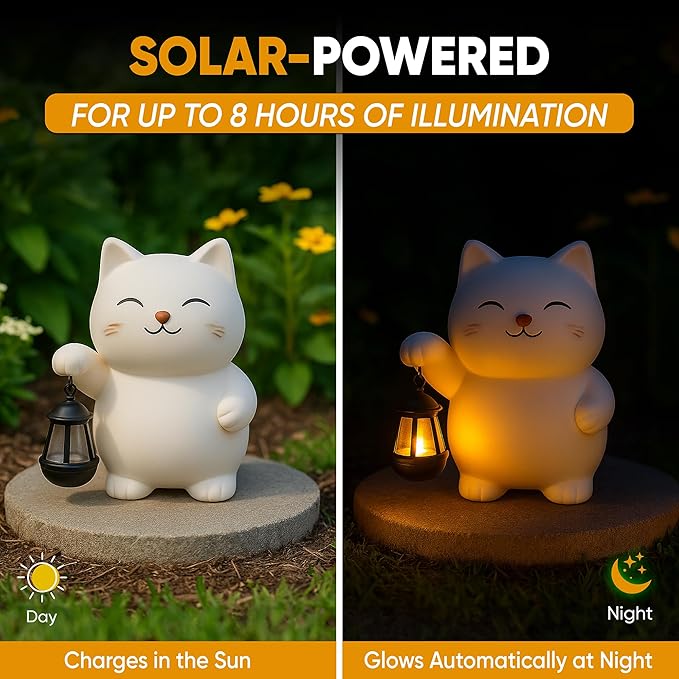 Solar Cat Garden Statue with Lantern – Outdoor Cat Statue for Garden, Patio & Yard, Weatherproof Resin Figurine Lawn Ornament Garden Decor with Soft Solar Glow