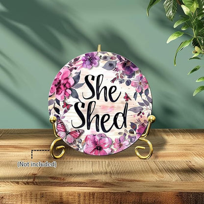Vintage She Shed Round Metal Sign She Shed Decor Rustic Wreath Wall Decoration for Home Kitchen Garden Women Cave Indoor Outdoor Home Porch Window Decor 8 Inch