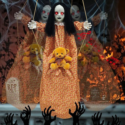 Outdoor Hanging Swinging Girl Halloween Decorations,Lighted Creepy Doll Halloween Dolls Scary Props for Garden Yard Lawn and Haunted House Decorations