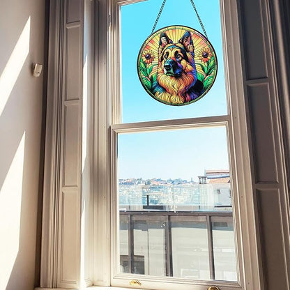 Stained Glass Dog Memorial Suncatcher,German Shepherd Window Hanging,Sympathy Gifts for Pet Loss,7.9 inch/20 cm Home and Garden Decor for Dog Lovers