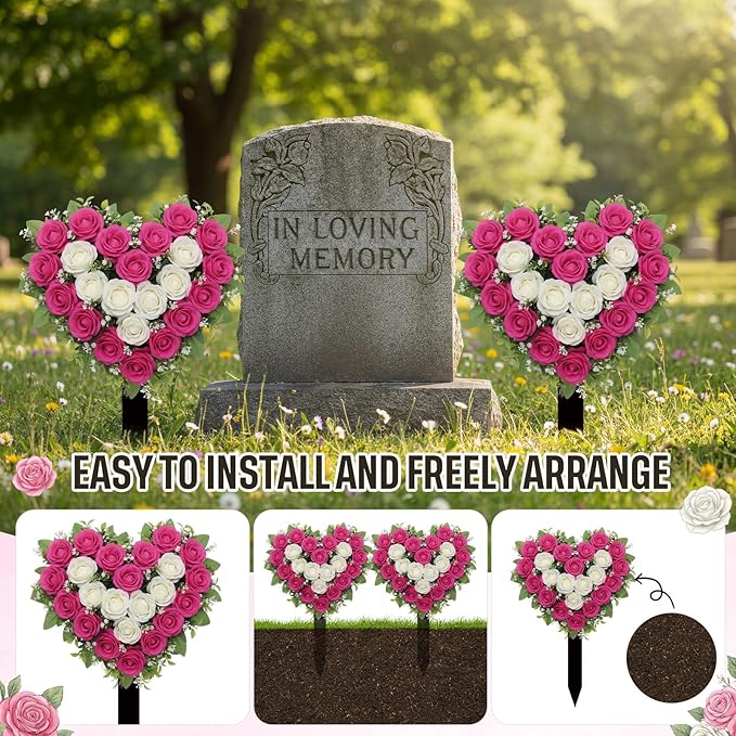 Frienda 2 Sets Cemetery Flowers Grave Stake Metal Floral Decor for Tombstone, Outdoor Gravesite Markers for Mom Dad, Memorial Day Spring Easter Grave Decor(Heart,Rose Red,White)