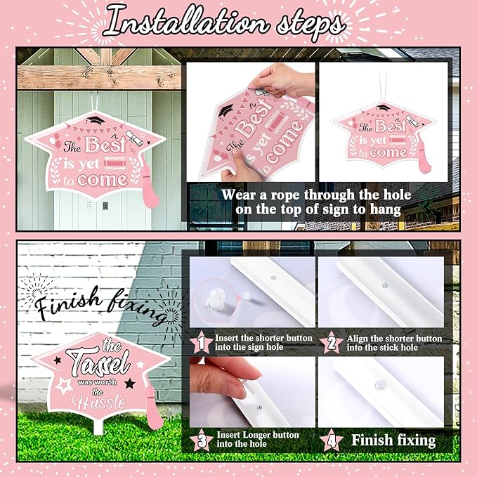 Chunful 12 Pack Graduation Yard Signs Grad Decoration 2026 Happy Graduate Lawn Garden Sign with Stake Congrats Outdoor Plastic Cap Hanging Ornament for Class Pathway Walkway Porch Party(Pink White)