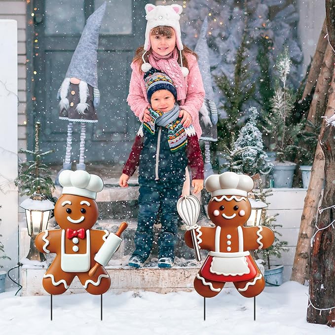 2 Pack Christmas Yard Stakes Metal Stakes 3D Boy and Girl Yard Sign Christmas Outdoor Decorations for Outside Holiday Xmas Winter Ornament Lawn Pathway(Ginger Cake Chef)