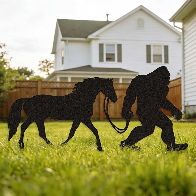 Bigfoot Garden Stake – Metal Sasquatch Statue Walking Horse on Leash – Funny Bigfoot Yard Decor, Outdoor Metal Yard Art, Sasquatch Sign for Garden & Lawn