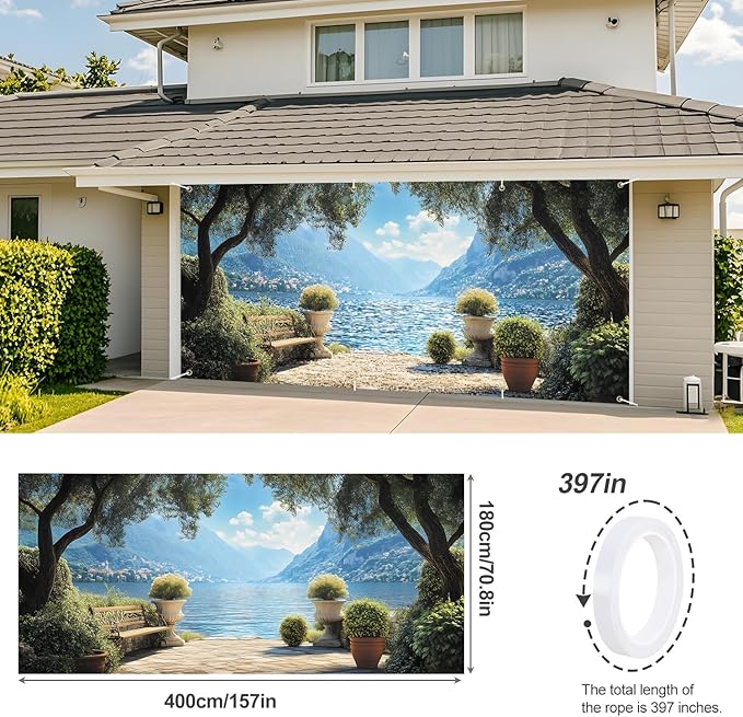 ANNA QUEEN Mural Garage Door Banner 6 x 13FT, Mediterranean Lakeside Garden View with Bench and Mountains, Romantic Garden Scenic Backdrop for Patio, Yard, Holiday, Party Decor