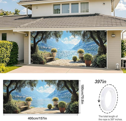 ANNA QUEEN Mural Garage Door Banner 6 x 13FT, Mediterranean Lakeside Garden View with Bench and Mountains, Romantic Garden Scenic Backdrop for Patio, Yard, Holiday, Party Decor