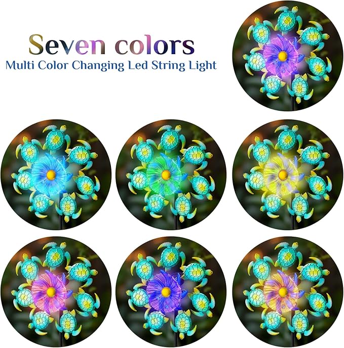 Solar Wind Spinners Outdoor - 51" Sea Turtle Metal Wind Sculptures Garden Stake with Waterproof Color Changing LED Lights 360° Windmill Kinetic Spinner for Yard Lawn Patio Decor