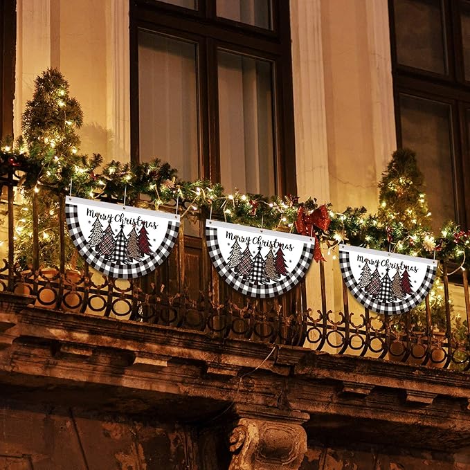 FuWeave Christmas Black and White Buffalo Plaid Bunting Fan Flag for Outside 1.5 x 3 ft Plaid Xmas Trees Hanging Flag Banner Pleated Buntings Winter Holiday for Christmas Garden Decor