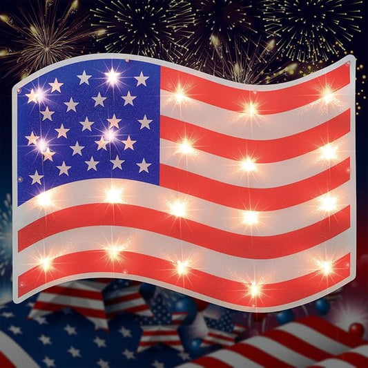 LAMPHOME 17.3'' Lighted Holographic American Flag Window Silhouette Decoration, 17 Inches, Red, White and Blue - Patriotic Decor