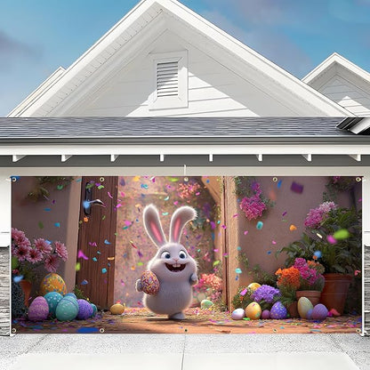 Easter Garage Door Banner Cover, Easter Bunny Colorful Eggs Spring Party Backdrop Decor, Garage Door Cover For Outdoor Yard Holiday Decoration (Cute Bunny)