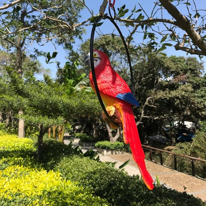 Hanging Parrot Statue Sculpture On Metal Round Ring Decor for Patio Garden Lawn and Nature Lovers Tropical Bird Collectors by Gifts, 10 inches Long Yellow