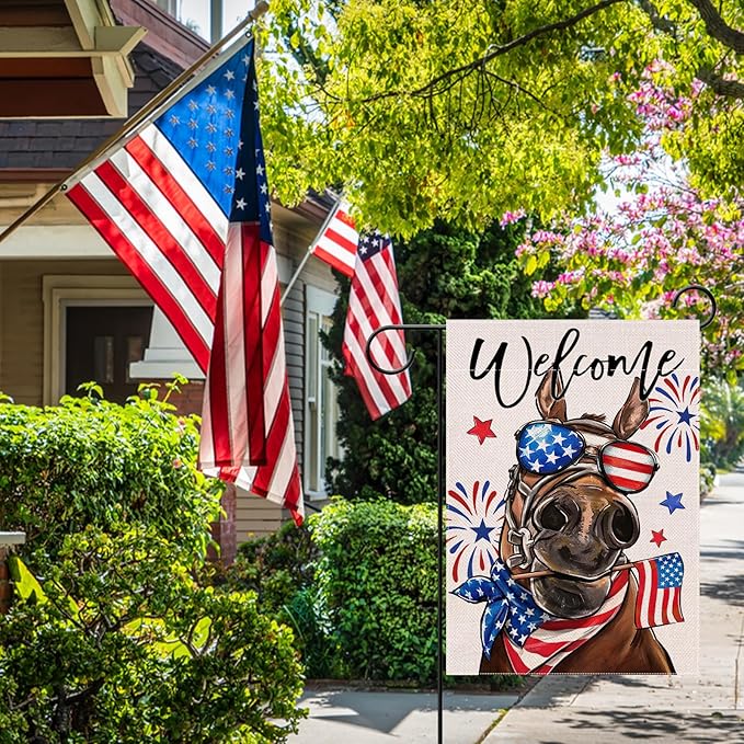 Welcome 4th of July Donkey Patriotic Decorative Garden Flag, America USA Stars Stripes Independence Day Yard Outside Decorations, American Firework Outdoor Small Home Decor Double Sided 12 x 18