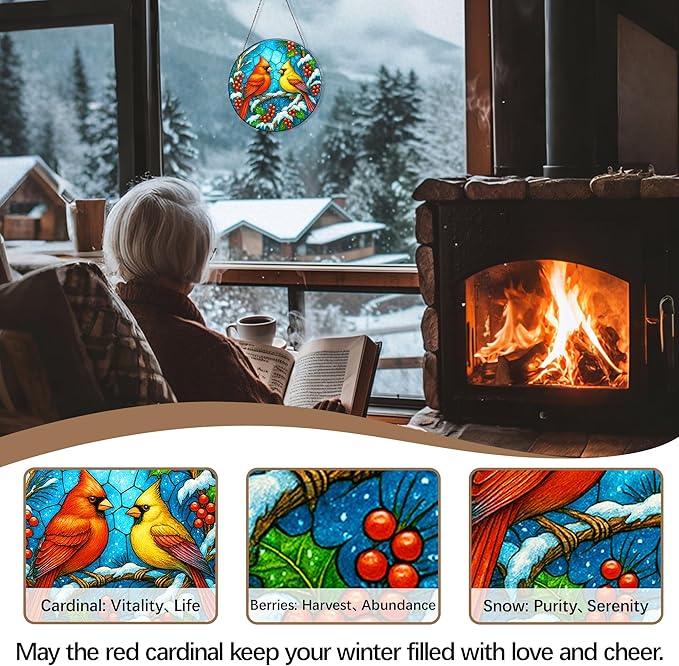 Stained Glass Window Hanging,Red Cardinal Sun Catchers Stained Glass Panels for Indoor Windows Wall Art Decor, Memorial Gift for Mom Women Wife Men Lovers (7.87inch)