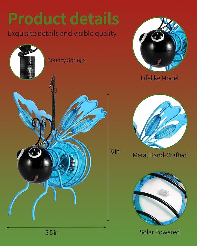 Lighted Outdoor Display - Solar Powered Hanging Bee Decor with Bouncy Springs - Outdoor Hanging Solar Lights for Christmas Garden, Yard, Patio, Porch (Blue)
