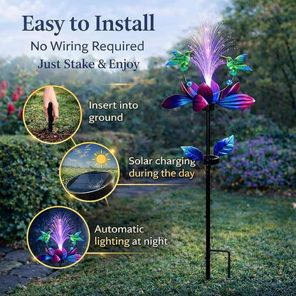 Solar Hummingbird Wind Spinner Outdoor 49 Inch Lotus Flower Metal Garden Windmill for Yard and Color Changing Fiber Optic Solar Yard Art Kinetic Wind Spinner Gift for Women Mother's Day Garden Gift