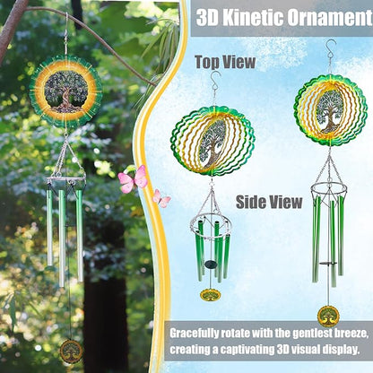 Wind Chimes with Tree of Life 3D display Wind Spinner for Outside Garden Patio Yard Decor, Metal Decorative Windchime Outdoor Hanging Gift for Mom Women Grandma Wife, for Christmas, Birthday