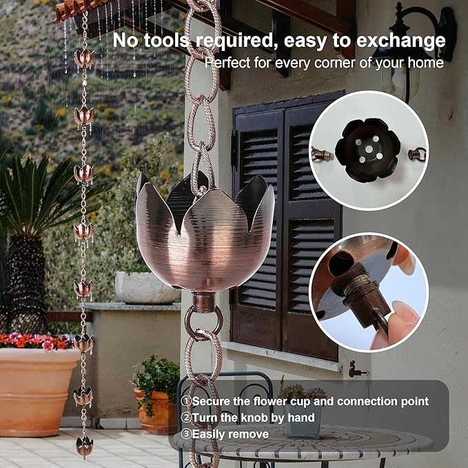 Rain Chain Decoration 6 Ft., Rain Catcher Chain Gutter Metal Downspout 70'' for House Eaves, Garden & Home, Flower Shape Rain Chains