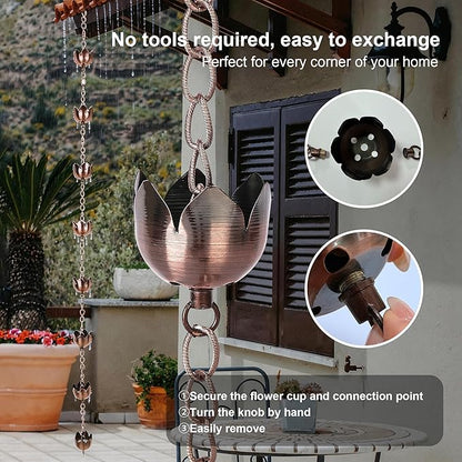 Rain Chain Decoration 6 Ft., Rain Catcher Chain Gutter Metal Downspout 70'' for House Eaves, Garden & Home, Flower Shape Rain Chains