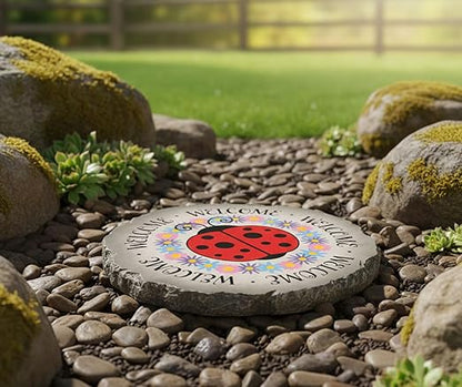 Magnolia Garden 10-Inch Welcome Ladybug Decorative Stepping Stone – Colorful Floral Resin Garden Walkway Tile – Whimsical Red & Pink Outdoor Accent – Luck & Happiness Front Porch Decoration