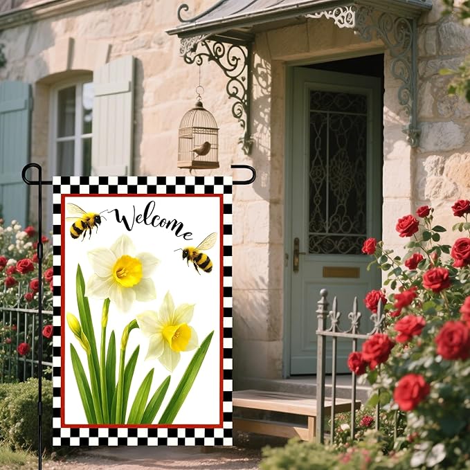 IVN Welcome Garden Flag 12x18 Inch Double Sided Spring Summer Garden Yard Flags White Daffodils Bees Decorative Small Flags for Outdoor Seasonal Front Door Lawn Porch Patio Decor Yard Flag