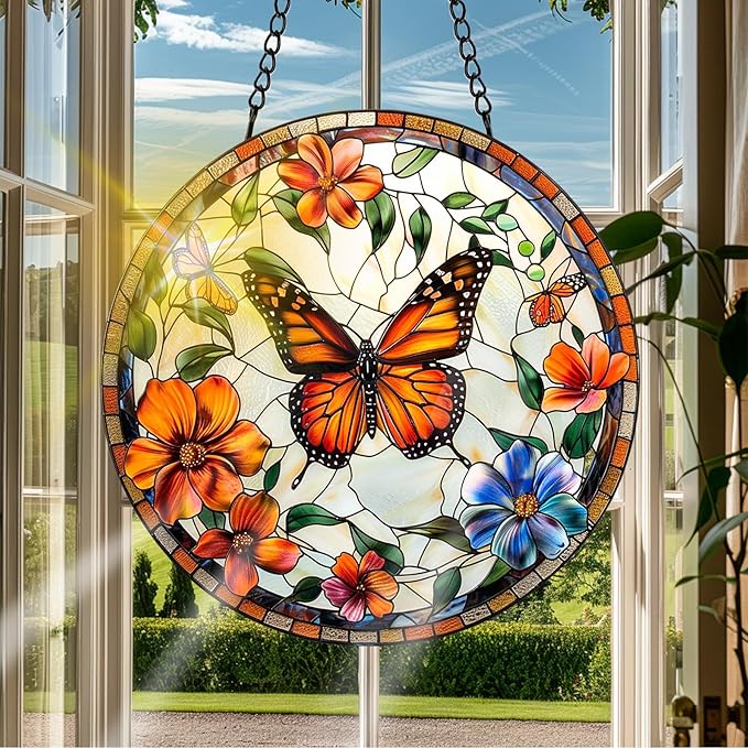 VAIIEYO Butterfly Sun Catcher Stained Glass Window Hanging Ornament, Handmade Sun Catcher Flower Decoration with Hooks for Window Garden Home, Mother's Day & Birthday Housewarming Gift (7.8 inch)