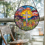 Stained Glass Window Hanging - Cross Flower Sea Sun Catcher for Door Terrace Garden Home Decor, Mountains Landscape Suncatcher Birthday Gifts for Lovers Women Men Dad Mom Nana 7.8 in