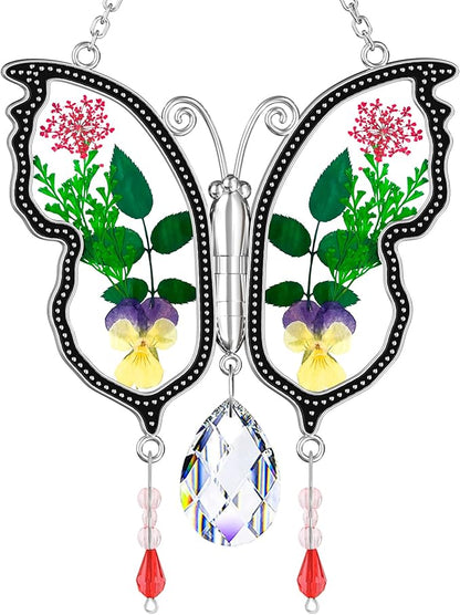 KY&BOSAM Crystal Butterfly Suncatcher Gifts for Mom Stained Glass Butterfly Wind Chime for Windows Hanging Pressed Rearl Flower Wings and Crystal Charm Gift for Mom Mother`s Day Birthday Christmas
