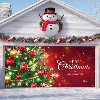 IVN Christmas Garage Door Cover Decoration 13x6ft Decorated Green Tree with Ornaments Red Holiday Merry Christmas Garage Door Banner Home Garage Door Front Yard Decor for Xmas Eve Holiday Outdoor