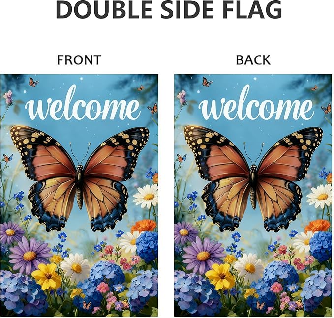 Welcome Spring Summer Garden Flag 12x18 Double Sided, Burlap Seasonal Farmhouse Rustic Butterfly Hydrangea Floral Garden Flags Spring Outdoor Decor, Small Decorative Yard Lawn Porch Flags for Outside