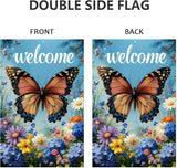 Welcome Spring Summer Garden Flag 12x18 Double Sided, Burlap Seasonal Farmhouse Rustic Butterfly Hydrangea Floral Garden Flags Spring Outdoor Decor, Small Decorative Yard Lawn Porch Flags for Outside