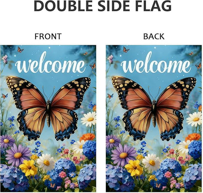 Welcome Spring Summer Garden Flag 12x18 Double Sided, Burlap Seasonal Farmhouse Rustic Butterfly Hydrangea Floral Garden Flags Spring Outdoor Decor, Small Decorative Yard Lawn Porch Flags for Outside