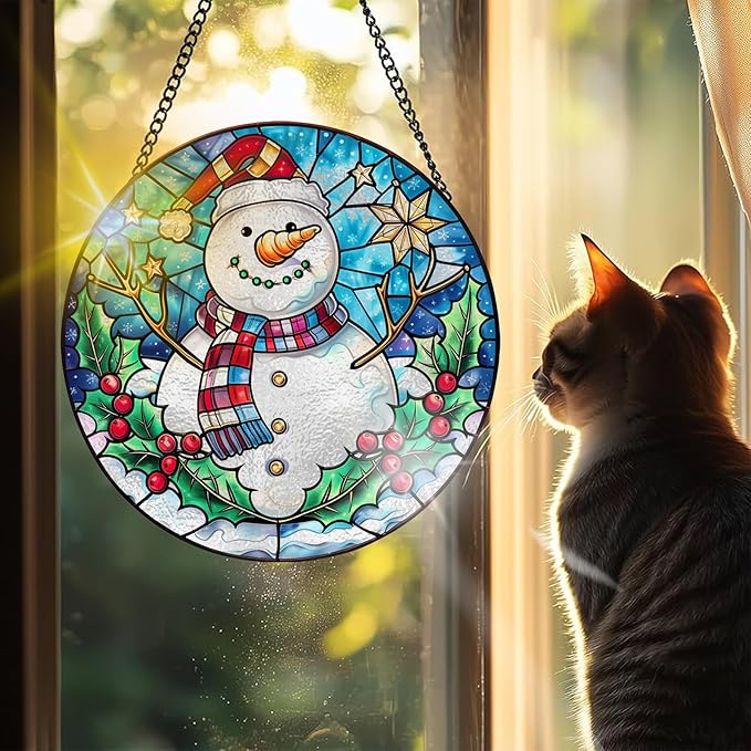VAIIEYO Christmas Sun Catcher Stained Glass Window Hanging Ornament, Handmade Sun Catcher Snowman Decoration with Hooks for Window Garden Home, Christmas & Birthday Housewarming Gift (7.8 inch)