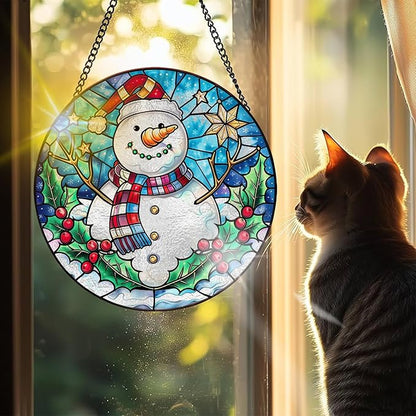 VAIIEYO Christmas Sun Catcher Stained Glass Window Hanging Ornament, Handmade Sun Catcher Snowman Decoration with Hooks for Window Garden Home, Christmas & Birthday Housewarming Gift (7.8 inch)