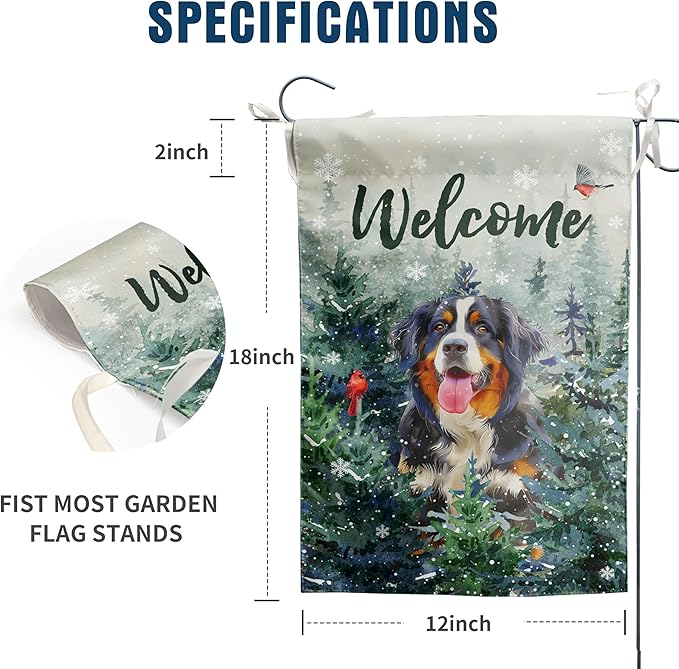 Welcome Winter Garden Flags Bernese Mountain Garden Flag Cardinal Birds on Snowy Pine Tree Flag Dog Yard Flags for Outside 12x18 Double Sided Christmas Decorative