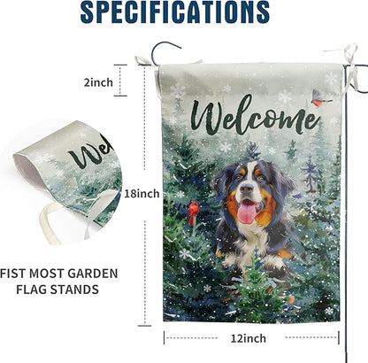 Welcome Winter Garden Flags Bernese Mountain Garden Flag Cardinal Birds on Snowy Pine Tree Flag Dog Yard Flags for Outside 12x18 Double Sided Christmas Decorative