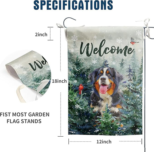 Welcome Winter Garden Flags Bernese Mountain Garden Flag Cardinal Birds on Snowy Pine Tree Flag Dog Yard Flags for Outside 12x18 Double Sided Christmas Decorative