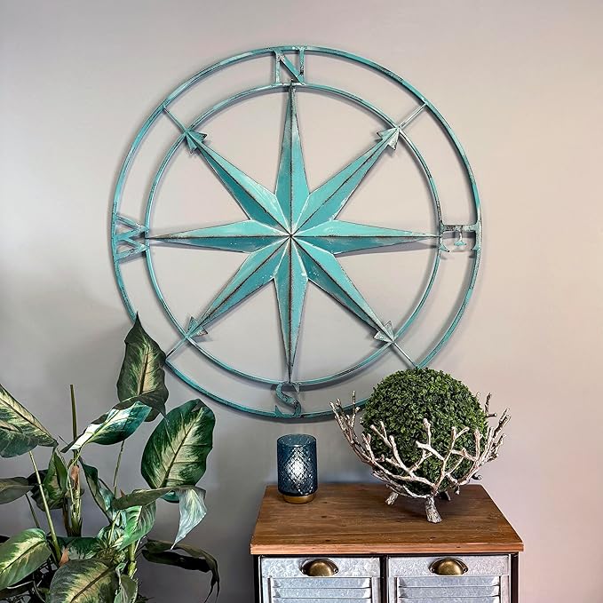 Zeckos 39 Inch Aqua Metal Compass Rose Wall Decor, Large Distressed Nautical Wind Rose Wall Sculpture with Keyhole Hanger for Coastal Entryway, Living Room, Bedroom or Covered Patio