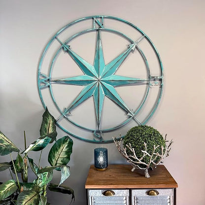 Zeckos 39 Inch Aqua Metal Compass Rose Wall Decor, Large Distressed Nautical Wind Rose Wall Sculpture with Keyhole Hanger for Coastal Entryway, Living Room, Bedroom or Covered Patio