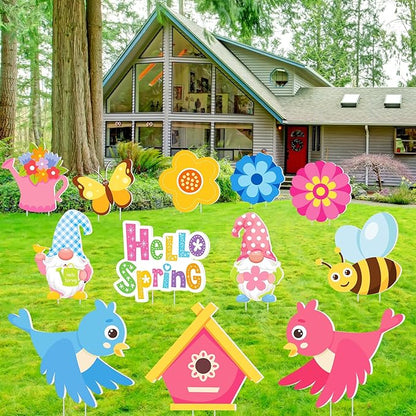 Amyhill 12 Pack Hello Spring Yard Decoration Outdoor Flower Garden Lawn Stake Signs with Stakes Waterproof Spring Garden Decor for Holiday Party Patio Lawn Walkway Outside(Fresh Style)