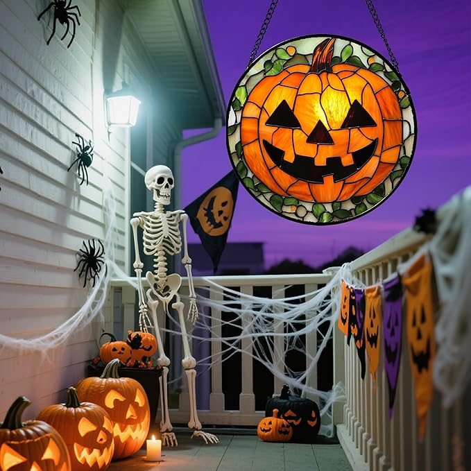 Stained Glass Window Hanging, Halloween Decorations Evil Pumpkin Suncatcher for Doors Garden Indoor Spooky Funny Orange Sun Catchers Gothic Decor Horror Gifts for Women Men Friend 7.8 in