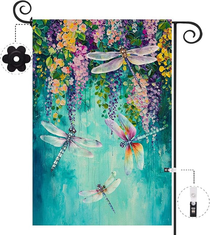 Baccessor Spring Summer Floral Garden Flag Double Sided 12.5 x 18 Inch Burlap with Clip and Stopper,Wisteria Dragonfly Welcome Flag Front Yard Lawn Seasonal Farmhouse Outside Outdoor Decoration