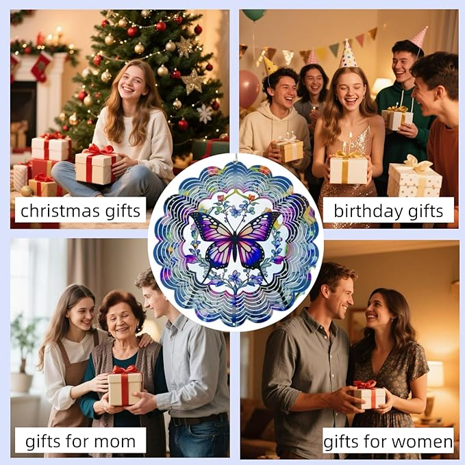 Metal Wind Spinners Outdoor Hanging Wind Spinner for Yard and Garden Decor for Outside,12In 3D Stainless Steel Butterfly Wind Chime Gifts of Christmas for Women Mom